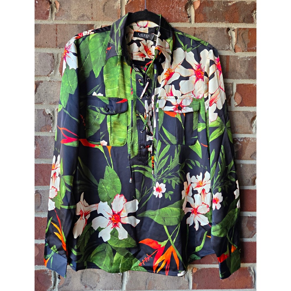Lauren Ralph Lauren Womens Large Floral Charmeuse Lace Up Long Sleeve Blouse NWT